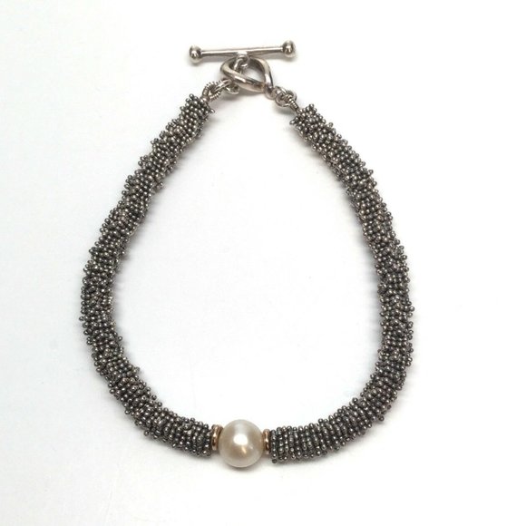 Michael Dawkins Sterling and 14K Granulated and Cultured Pearl Toggle Bracelet - Picture 1 of 8